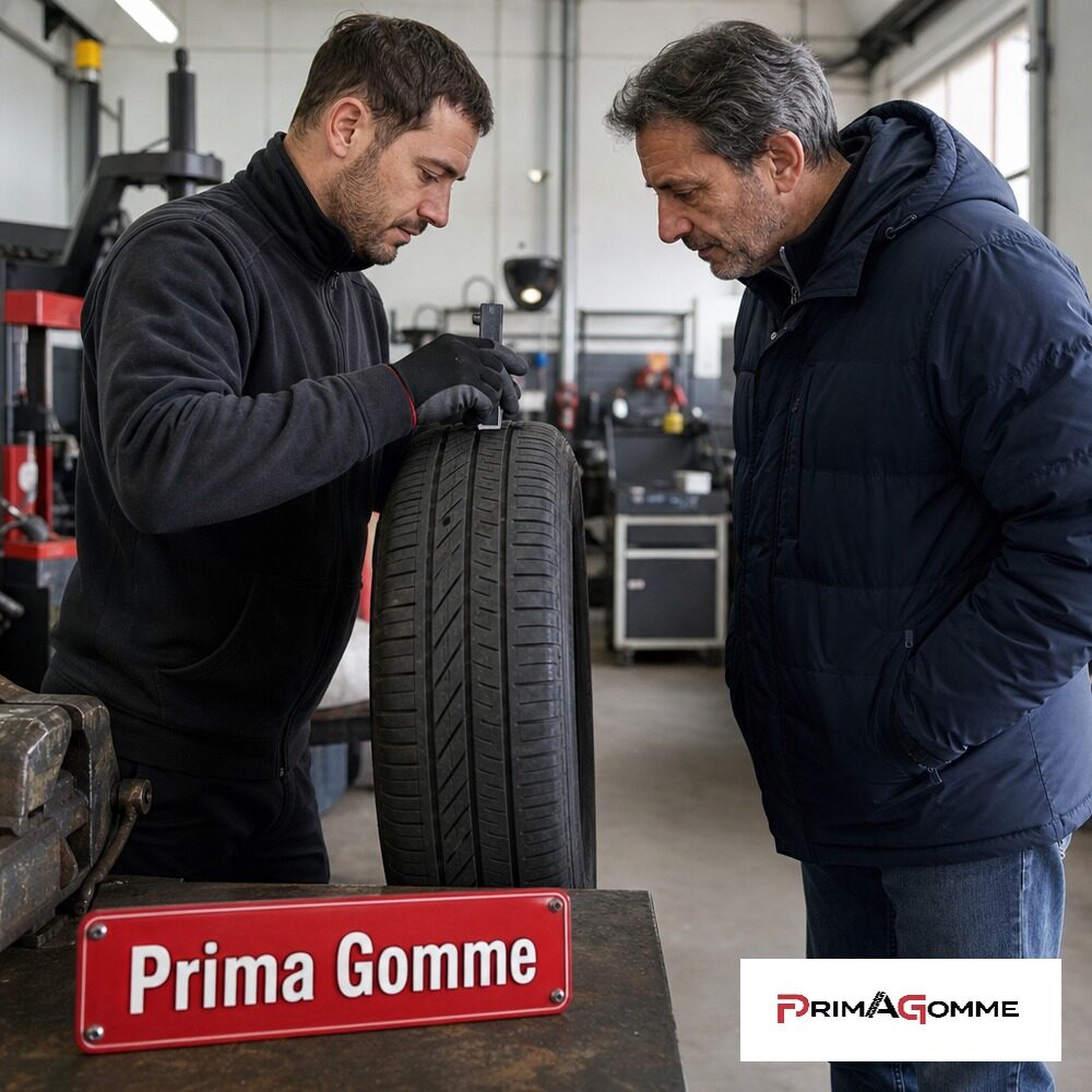 Controllo del battistrada di uno pneumatico usato prima dell’acquisto in officina Prima Gomme